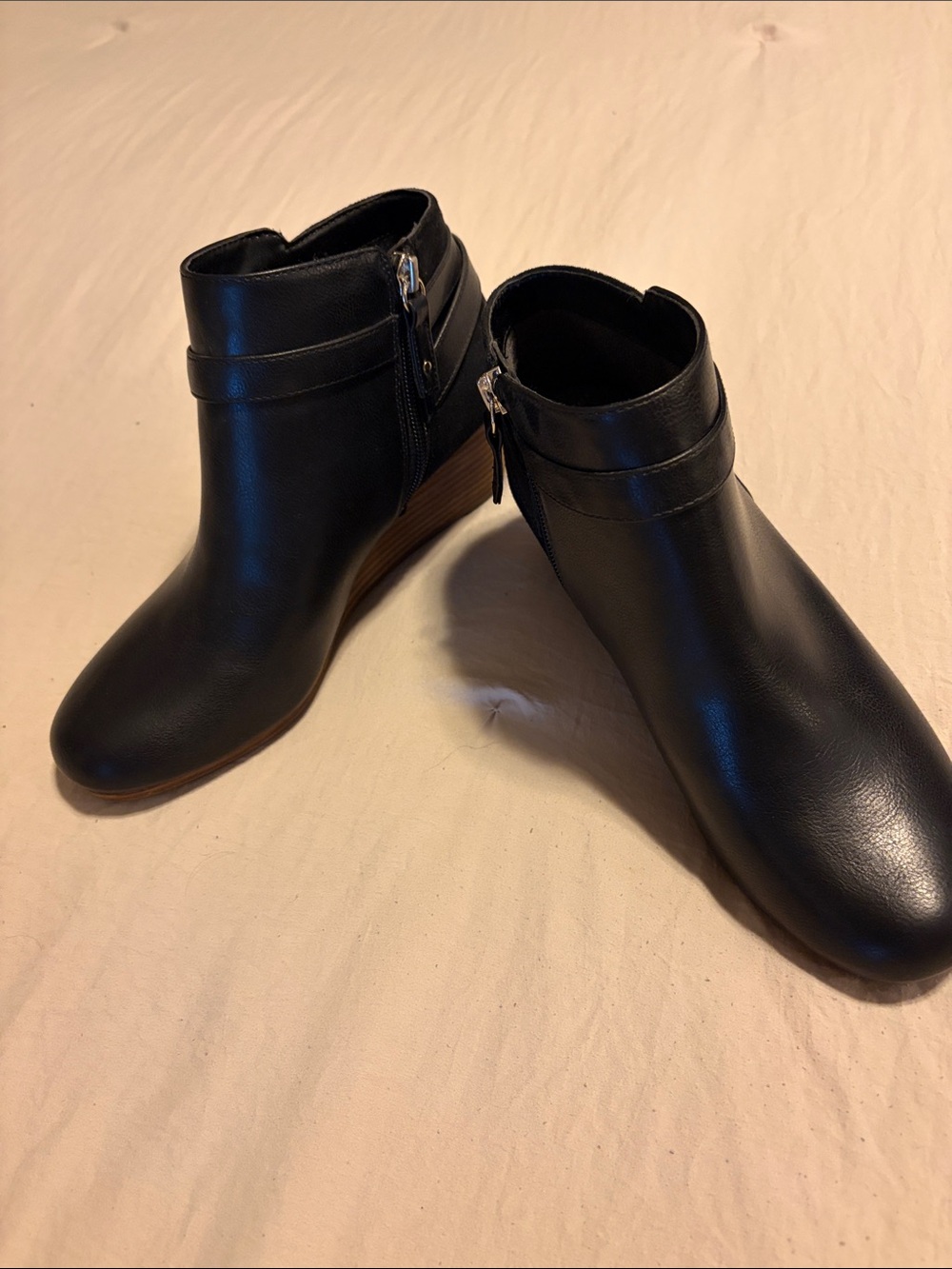 Dr. Scholl's Black Faux Leather Ankle Booties with Side Zip and Stacked Heel